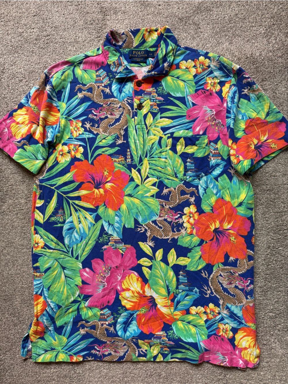 VTG Y2K Polo Ralph Lauren Floral Dragon Heritage Cotton Polo Size Large